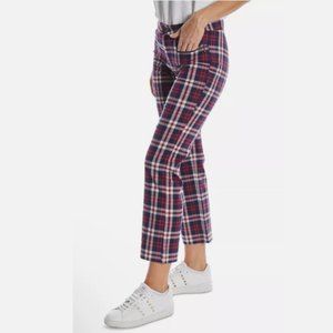 OAT Women's Plaid Ankle Pant 28, High Rise Straight Wallace Plaid NEW Red Navy